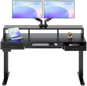 55 x 26 Electric Standing Desk with 2 Drawers &24.4 Large Keyboard Tray, C-Clamp Mount Compatible, Adjustable Computer Desk for Office, Sit Stand Up Desk with 4 Height Presets, Black 55 x 26 Electric Standing Desk with 2 Drawers &24.4 Large Keyboard Tray, C-Clamp Mount Compatible, Adjustable Computer Desk for Office, Sit Stand Up Desk with 4 Height Presets, Black