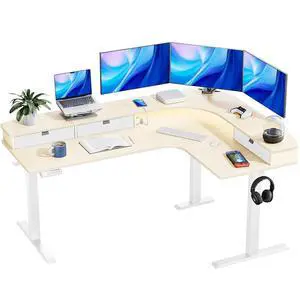 65 L Shaped Standing Desk with 3 Drawers, Electric Height Adjustable Corner Computer Desk with Power Outlets & LED Strip, Sit Stand Up Desk for Home Office, Natural Wood 65 L Shaped Standing Desk with 3 Drawers, Electric Height Adjustable Corner Computer Desk with Power Outlets & LED Strip, Sit Stand Up Desk for Home Office, Natural Wood
