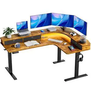 65 L Shaped Standing Desk with 3 Drawers, Vintage Brown | Built-in Power Outlets, LED Strip, Smooth Electric Height Adjustment, 4 Memory Presets, 220 lbs Capacity, Power Strip Holder 65 L Shaped Standing Desk with 3 Drawers, Vintage Brown | Built-in Power Outlets, LED Strip, Smooth Electric Height Adjustment, 4 Memory Presets, 220 lbs Capacity, Power Strip Holder