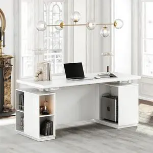 70" Electric Standing Desk with Storage, Fluted Executive Stand Up Desk with AC/USB and Privacy Panel, Large One-Piece Destop, White 70" Electric Standing Desk with Storage, Fluted Executive Stand Up Desk with AC/USB and Privacy Panel, Large One-Piece Destop, White