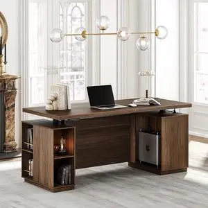 70" Standing Desk with Storage, Executive Electric Height Adjustable Stand Up Desk with AC/USB, Privacy Panel, Large One-Piece Destop, Fluted Computer Desk, Black Walnut 70" Standing Desk with Storage, Executive Electric Height Adjustable Stand Up Desk with AC/USB, Privacy Panel, Large One-Piece Destop, Fluted Computer Desk, Black Walnut