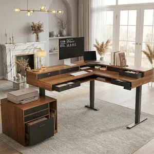 66"x58" Executive L-Shaped Standing Desk with 9 Drawers and File Cabinet, Electric Stand Up Corner Desk with Storage, Height Adjustable Desk for Home and Office, Black Walnut 66"x58" Executive L-Shaped Standing Desk with 9 Drawers and File Cabinet, Electric Stand Up Corner Desk with Storage, Height Adjustable Desk for Home and Office, Black Walnut