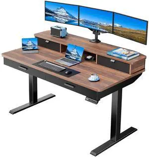 55 x 30 inch Electric Standing Desk with Wood Drawers, Adjustable Height Sit Stand Home Office Desk with Two Tiers, Ergonomic Adjustable Stand up Desk C-Clamp Monitor Mount Compatible, Walnut 55 x 30 inch Electric Standing Desk with Wood Drawers, Adjustable Height Sit Stand Home Office Desk with Two Tiers, Ergonomic Adjustable Stand up Desk C-Clamp Monitor Mount Compatible, Walnut