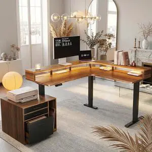 63"x55" Executive L-Shaped Standing Desk with 3 Drawers, Led Light and File Cabinet, Electric Stand Up Corner Desk with Storage, Height Adjustable Desk for Home and Office, Black Walnut 63"x55" Executive L-Shaped Standing Desk with 3 Drawers, Led Light and File Cabinet, Electric Stand Up Corner Desk with Storage, Height Adjustable Desk for Home and Office, Black Walnut