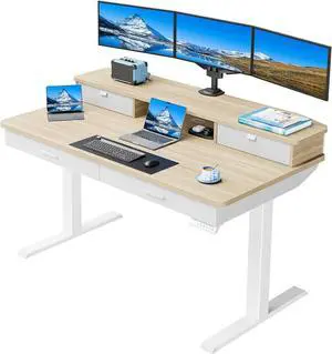 55 x 30 inch Standing Desk with Wood Drawers,Electric Stand up Home Office Desk Adjustable Height with Two Tiers, Natural Ergonomic Stand up Desk with Monitor Stand 55 x 30 inch Standing Desk with Wood Drawers,Electric Stand up Home Office Desk Adjustable Height with Two Tiers, Natural Ergonomic Stand up Desk with Monitor Stand