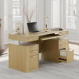59 Inch Standing Desk with Storage Drawers, Executive Electric Height Adjustable Desk with Keyboard Tray, File Cabinet and AC/USB, Fluted Stand Up Desk with Privacy Panel, Light Walnut 59 Inch Standing Desk with Storage Drawers, Executive Electric Height Adjustable Desk with Keyboard Tray, File Cabinet and AC/USB, Fluted Stand Up Desk with Privacy Panel, Light Walnut