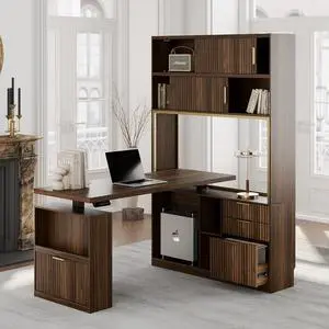 60'' L Shaped Standing Desk with Hutch, Fluted Executive Electric Desk with 2 Drawers and File Cabinet & Power Outlets, Corner Computer Desk with Storage for Home Office, Black Walnut 60'' L Shaped Standing Desk with Hutch, Fluted Executive Electric Desk with 2 Drawers and File Cabinet & Power Outlets, Corner Computer Desk with Storage for Home Office, Black Walnut