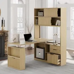 60'' L Shaped Standing Desk with Hutch, Fluted Executive Electric Desk with Drawers and File Cabinet & Power Outlets, Corner Computer Desk with Storage for Home Office, Light Walnut 60'' L Shaped Standing Desk with Hutch, Fluted Executive Electric Desk with Drawers and File Cabinet & Power Outlets, Corner Computer Desk with Storage for Home Office, Light Walnut