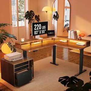 LED Electric L Shaped Standing Desk with File Cabinet, Walnut | 63"x55" 2-Tier L-Desk,3-Drawer File Cabinet,RGB LED App Lighting,Built-in Power Outlets,27.6"-46.5" Adjustable Height LED Electric L Shaped Standing Desk with File Cabinet, Walnut | 63"x55" 2-Tier L-Desk,3-Drawer File Cabinet,RGB LED App Lighting,Built-in Power Outlets,27.6"-46.5" Adjustable Height