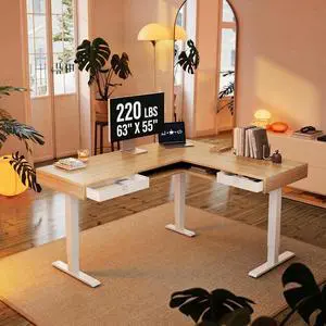 63" X 55" Electric L Shaped Standing Desk, 2 Drawers, Light Walnut | L-Shaped Corner Desk,2 Fabric Storage Drawers,4 Quiet Memory Presets,220lbs Carbon Steel, 27.6"-46.5" Adjustable Height 63" X 55" Electric L Shaped Standing Desk, 2 Drawers, Light Walnut | L-Shaped Corner Desk,2 Fabric Storage Drawers,4 Quiet Memory Presets,220lbs Carbon Steel, 27.6"-46.5" Adjustable Height