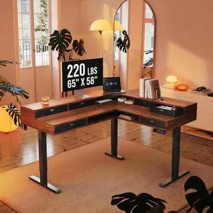 65" X 58" Electric L Shaped Standing Desk with 6 Drawers, Walnut | 2-Tier L-Shape Desk,6 Storage Fabric Drawers,220lbs Carbon Steel,4 Memory Presets, 27.6"-46.5" Adjustable Height 65" X 58" Electric L Shaped Standing Desk with 6 Drawers, Walnut | 2-Tier L-Shape Desk,6 Storage Fabric Drawers,220lbs Carbon Steel,4 Memory Presets, 27.6"-46.5" Adjustable Height