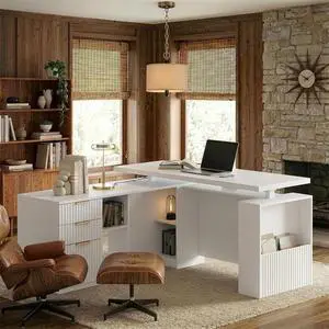 63 Inches L Shaped Standing Desk, Executive Standing Desk with Drawers and File Cabinet, AC/USB, 1.18" Desktop, Multi-Sized Storage Cubby, Privacy Panel, Fluted Computer Desk, White 63 Inches L Shaped Standing Desk, Executive Standing Desk with Drawers and File Cabinet, AC/USB, 1.18" Desktop, Multi-Sized Storage Cubby, Privacy Panel, Fluted Computer Desk, White