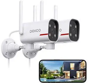 DEKCO 2 Pack Outdoor Security Camera with 2K Color Night Vision, Pan Rotating 180° Wired WiFi Camera Support 24/7 Recording, 2.4GHz WiFi, AI Human Auto Tracking, Work with Alexa/Google Assistant DEKCO 2 Pack Outdoor Security Camera with 2K Color Night Vision, Pan Rotating 180° Wired WiFi Camera Support 24/7 Recording, 2.4GHz WiFi, AI Human Auto Tracking, Work with Alexa/Google Assistant