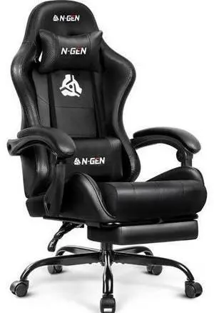 N-GEN GAMING Video Ergonomic Chair with Footrest Lumbar Support for Home Office High Back Recliner Height Adjustable Ergonomic Comfy Leather Computer Desk Chair (Black) N-GEN GAMING Video Ergonomic Chair with Footrest Lumbar Support for Home Office High Back Recliner Height Adjustable Ergonomic Comfy Leather Computer Desk Chair (Black)