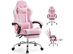 DUMOS Ergonomic Gaming Office Desk Chair with Footrest and Headrest for Adults, PU Leather Video Computer Chair with Linkage Armrests, Height Adjustable 360° Swivel Recling Chair, White Pink DUMOS Ergonomic Gaming Office Desk Chair with Footrest and Headrest for Adults, PU Leather Video Computer Chair with Linkage Armrests, Height Adjustable 360° Swivel Recling Chair, White Pink