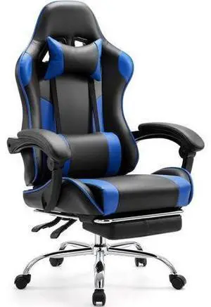 Sweetcrispy Video Game Desk Chair - Ergonomic Computer with Footrest and Comfy Lumbar Support, PU Leather Recliner with Headrest, Fixed Up Armrest, Height Adjustable with 360° Swivel, for Adults, Blue Sweetcrispy Video Game Desk Chair - Ergonomic Computer with Footrest and Comfy Lumbar Support, PU Leather Recliner with Headrest, Fixed Up Armrest, Height Adjustable with 360° Swivel, for Adults, Blue