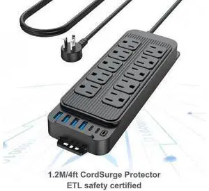 PC-13 US Smart Power Strip, 10-Outlet Surge Protector with 6 USB Ports (4 USB-A + 2 USB-C PD), 1250W/10A Master Switch, 1.2m Flat Plug Extension Cord For Home Office Black PC-13 US Smart Power Strip, 10-Outlet Surge Protector with 6 USB Ports (4 USB-A + 2 USB-C PD), 1250W/10A Master Switch, 1.2m Flat Plug Extension Cord For Home Office Black