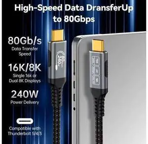 Thunderbolt 5 Cable, Supports 8K Display/ 80Gbps Data Transfer/ 120Gbps Bandwidth Boost/ 240W Fast Charging, Compatible with Thunderbolt 4, USB4, Thunderbolt 3 and USB-C, Black, 3.3FT Thunderbolt 5 Cable, Supports 8K Display/ 80Gbps Data Transfer/ 120Gbps Bandwidth Boost/ 240W Fast Charging, Compatible with Thunderbolt 4, USB4, Thunderbolt 3 and USB-C, Black, 3.3FT