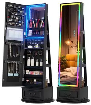 Vlsrka LED Mirror Jewelry Cabinet with Lights, 360° Swivel, Black | Lockable Mirror with Storage, Standing Jewelry Armoire Organizer, Touch Screen, RGB Modes for Bedroom, Gift for Women Vlsrka LED Mirror Jewelry Cabinet with Lights, 360° Swivel, Black | Lockable Mirror with Storage, Standing Jewelry Armoire Organizer, Touch Screen, RGB Modes for Bedroom, Gift for Women