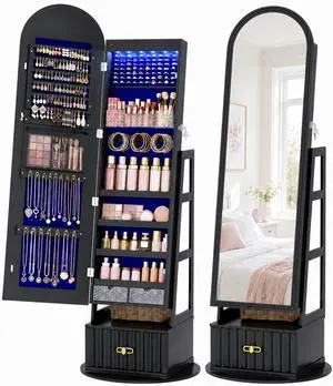 Vlsrka Arched LED Mirror Jewelry Cabinet with Full Length Mirror, Black | Lockable Jewelry Armoire Cabinet, 360° Swivel Jewelry Organizer with Drawer Storage, Foldable Makeup Shelf, 2 Rear Hooks Vlsrka Arched LED Mirror Jewelry Cabinet with Full Length Mirror, Black | Lockable Jewelry Armoire Cabinet, 360° Swivel Jewelry Organizer with Drawer Storage, Foldable Makeup Shelf, 2 Rear Hooks