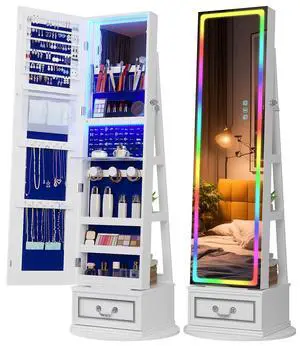 Vlsrka LED Mirror Jewelry Cabinet with Lights, 360° Swivel, White | Lockable Mirror with Storage, Standing Jewelry Armoire Organizer, Touch Screen, RGB Modes for Bedroom, Gift for Women Vlsrka LED Mirror Jewelry Cabinet with Lights, 360° Swivel, White | Lockable Mirror with Storage, Standing Jewelry Armoire Organizer, Touch Screen, RGB Modes for Bedroom, Gift for Women