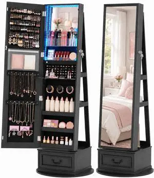 Vlsrka Mirror Jewelry Cabinet Standing with Lights, Lockable, Swivel, Black | Standing Jewelry Armoire with Full Length Mirror, Large Jewelry Organizer Storage with Foldable Makeup Shelf, 3 LED Lights Vlsrka Mirror Jewelry Cabinet Standing with Lights, Lockable, Swivel, Black | Standing Jewelry Armoire with Full Length Mirror, Large Jewelry Organizer Storage with Foldable Makeup Shelf, 3 LED Lights
