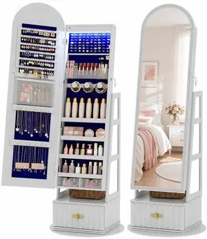 Vlsrka Arched LED Mirror Jewelry Cabinet with Full Length Mirror, White | Lockable Jewelry Armoire Cabinet, 360° Swivel Jewelry Organizer with Drawer Storage, Foldable Makeup Shelf, 2 Rear Hooks Vlsrka Arched LED Mirror Jewelry Cabinet with Full Length Mirror, White | Lockable Jewelry Armoire Cabinet, 360° Swivel Jewelry Organizer with Drawer Storage, Foldable Makeup Shelf, 2 Rear Hooks