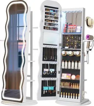 Vlsrka LED Mirror Jewelry Cabinet Standing, 360° Swivel, White | Lockable Jewelry Armoire with Mirror, Interior LED Makeup Mirror, Foldable Shelf, Large Capacity, Gift for Women, Girls Vlsrka LED Mirror Jewelry Cabinet Standing, 360° Swivel, White | Lockable Jewelry Armoire with Mirror, Interior LED Makeup Mirror, Foldable Shelf, Large Capacity, Gift for Women, Girls