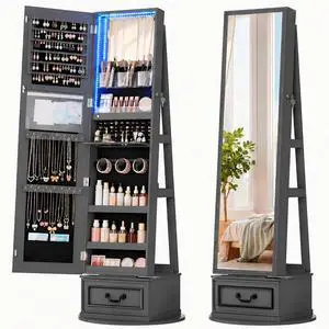Vlsrka Mirror Jewelry Cabinet Standing with Lights, Lockable, Swivel, Grey | Standing Jewelry Armoire with Full Length Mirror, Large Jewelry Organizer Storage with Foldable Makeup Shelf, 3 LED Lights Vlsrka Mirror Jewelry Cabinet Standing with Lights, Lockable, Swivel, Grey | Standing Jewelry Armoire with Full Length Mirror, Large Jewelry Organizer Storage with Foldable Makeup Shelf, 3 LED Lights