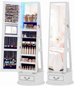 Vlsrka Mirror Jewelry Cabinet Standing with Lights, Lockable, Swivel, White | Standing Jewelry Armoire with Full Length Mirror, Large Jewelry Organizer Storage with Foldable Makeup Shelf, 3 LED Lights Vlsrka Mirror Jewelry Cabinet Standing with Lights, Lockable, Swivel, White | Standing Jewelry Armoire with Full Length Mirror, Large Jewelry Organizer Storage with Foldable Makeup Shelf, 3 LED Lights