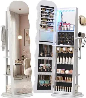 Vlsrka 360° Swivel Jewelry Armoire with Full Length Wave Mirror, White | Lockable Mirror Jewelry Cabinet Standing, Interior LED Makeup Mirror, Foldable Shelf, Large Capacity, Gift for Women, Girls Vlsrka 360° Swivel Jewelry Armoire with Full Length Wave Mirror, White | Lockable Mirror Jewelry Cabinet Standing, Interior LED Makeup Mirror, Foldable Shelf, Large Capacity, Gift for Women, Girls