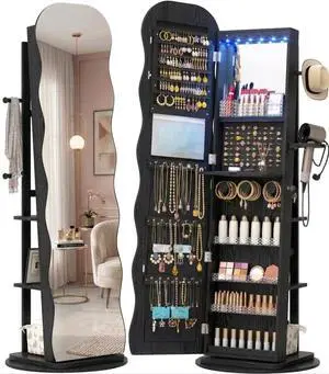 Vlsrka 360° Swivel Jewelry Armoire with Full Length Wave Mirror, Black | Lockable Mirror Jewelry Cabinet Standing, Interior LED Makeup Mirror, Foldable Shelf, Large Capacity, Gift for Women, Girls Vlsrka 360° Swivel Jewelry Armoire with Full Length Wave Mirror, Black | Lockable Mirror Jewelry Cabinet Standing, Interior LED Makeup Mirror, Foldable Shelf, Large Capacity, Gift for Women, Girls