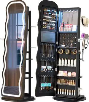 Vlsrka LED Mirror Jewelry Cabinet Standing, 360° Swivel, Black | Lockable Jewelry Armoire with Mirror, Interior LED Makeup Mirror, Foldable Shelf, Large Capacity, Gift for Women, Girls Vlsrka LED Mirror Jewelry Cabinet Standing, 360° Swivel, Black | Lockable Jewelry Armoire with Mirror, Interior LED Makeup Mirror, Foldable Shelf, Large Capacity, Gift for Women, Girls