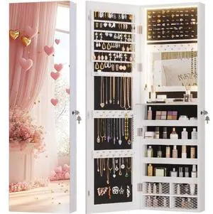 Vlsrka 47.2" LED Jewelry Cabinet, Wall Mounted Jewelry Mirror Organizer | Over the Door Hanging Jewelry Armoire Organizer, large Lockable Full Length Mirror with Jewelry Storage for Women, White Vlsrka 47.2" LED Jewelry Cabinet, Wall Mounted Jewelry Mirror Organizer | Over the Door Hanging Jewelry Armoire Organizer, large Lockable Full Length Mirror with Jewelry Storage for Women, White
