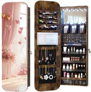 Vlsrka 47.2" Wall/Door Mounted Jewelry Cabinet Organizer Armoire W/Mirror | 6 LEDs, Over The Door Hanging Jewelry Organizer with Rounded Corner Mirror, Lockable Full Length Mirror with Storage, Brown Vlsrka 47.2" Wall/Door Mounted Jewelry Cabinet Organizer Armoire W/Mirror | 6 LEDs, Over The Door Hanging Jewelry Organizer with Rounded Corner Mirror, Lockable Full Length Mirror with Storage, Brown