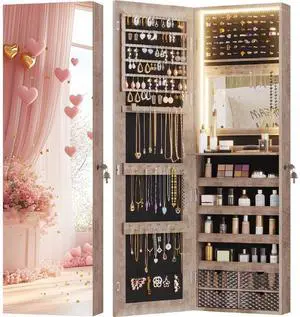 Vlsrka 47.2" LED Jewelry Cabinet, Wall Mounted Jewelry Mirror Organizer | Over The Door Hanging Jewelry Armoire Organizer, Lockable Mirror with Jewelry Storage, 4 Drawers, 5 Shelves for Women (Wood) Vlsrka 47.2" LED Jewelry Cabinet, Wall Mounted Jewelry Mirror Organizer | Over The Door Hanging Jewelry Armoire Organizer, Lockable Mirror with Jewelry Storage, 4 Drawers, 5 Shelves for Women (Wood)