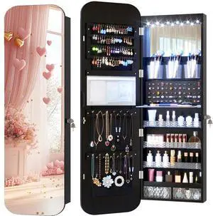 Vlsrka 47.2" Wall/Door Mounted Jewelry Cabinet Organizer Armoire W/Mirror | 6 LEDs, Over The Door Hanging Jewelry Organizer with Rounded Corner Mirror, Lockable Full Length Mirror with Storage, Black Vlsrka 47.2" Wall/Door Mounted Jewelry Cabinet Organizer Armoire W/Mirror | 6 LEDs, Over The Door Hanging Jewelry Organizer with Rounded Corner Mirror, Lockable Full Length Mirror with Storage, Black
