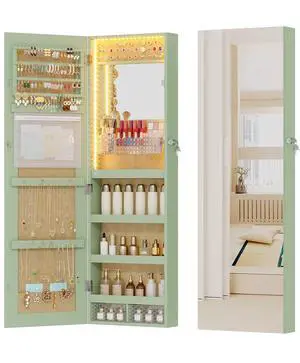 Vlsrka LED Mirror Jewelry Cabinet, Over Door/Wall Mounted Jewelry Organizer | 3-color LED Interior Mirror, Lockable, 42.5" Full Length Mirror, Hanging Jewelry Armoire Storage for Women, Light Green Vlsrka LED Mirror Jewelry Cabinet, Over Door/Wall Mounted Jewelry Organizer | 3-color LED Interior Mirror, Lockable, 42.5" Full Length Mirror, Hanging Jewelry Armoire Storage for Women, Light Green