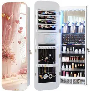 Vlsrka 47.2" Wall/Door Mounted Jewelry Cabinet Organizer Armoire W/Mirror | 6 LEDs, Over The Door Hanging Jewelry Organizer with Rounded Corner Mirror, Lockable Full Length Mirror with Storage,White Vlsrka 47.2" Wall/Door Mounted Jewelry Cabinet Organizer Armoire W/Mirror | 6 LEDs, Over The Door Hanging Jewelry Organizer with Rounded Corner Mirror, Lockable Full Length Mirror with Storage,White