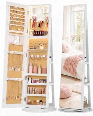 Vlsrka 360° Swivel Mirror Jewelry Cabinet, Lockable Jewelry Armoire, White | Standing Jewelry Cabinet with Lights, Framelss Mirror with Storage, Foldable Makeup Shelf, Interior Mirror, Gift for Women Vlsrka 360° Swivel Mirror Jewelry Cabinet, Lockable Jewelry Armoire, White | Standing Jewelry Cabinet with Lights, Framelss Mirror with Storage, Foldable Makeup Shelf, Interior Mirror, Gift for Women