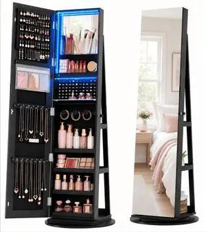 Vlsrka 360° Swivel Mirror Jewelry Cabinet, Lockable Jewelry Armoire, Black | Standing Jewelry Cabinet with Lights, Framelss Mirror with Storage, Foldable Makeup Shelf, Interior Mirror, Gift for Women Vlsrka 360° Swivel Mirror Jewelry Cabinet, Lockable Jewelry Armoire, Black | Standing Jewelry Cabinet with Lights, Framelss Mirror with Storage, Foldable Makeup Shelf, Interior Mirror, Gift for Women