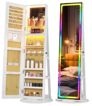 Vlskra Mirror Jewelry Cabinet Standing with Full Length LED Mirror, White | Lockable Jewelry Armoire with 14 RGB Color Modes, Rotating Jewelry Organizer with Dustproof Lock, Gift Idea for Women, Girls Vlskra Mirror Jewelry Cabinet Standing with Full Length LED Mirror, White | Lockable Jewelry Armoire with 14 RGB Color Modes, Rotating Jewelry Organizer with Dustproof Lock, Gift Idea for Women, Girls