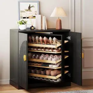 Vlsrka Rotating Shoe Storage Cabinet with Doors and 6 Tier Shelves, Black | Suitable for 18 Pairs Shoe Organizer, Freestanding, Pull Out Shoe Rack, Wooden Entryway Cabinet for Hallway, Closet, Indoor Vlsrka Rotating Shoe Storage Cabinet with Doors and 6 Tier Shelves, Black | Suitable for 18 Pairs Shoe Organizer, Freestanding, Pull Out Shoe Rack, Wooden Entryway Cabinet for Hallway, Closet, Indoor