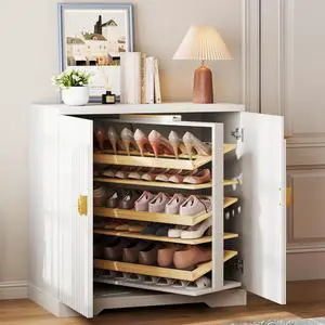 Vlsrka Rotating Shoe Storage Cabinet with Doors and 6 Tier Shelves, White | Suitable for 18 Pairs Shoe Organizer, Freestanding, Pull Out Shoe Rack, Wooden Entryway Cabinet for Hallway, Closet, Indoor Vlsrka Rotating Shoe Storage Cabinet with Doors and 6 Tier Shelves, White | Suitable for 18 Pairs Shoe Organizer, Freestanding, Pull Out Shoe Rack, Wooden Entryway Cabinet for Hallway, Closet, Indoor