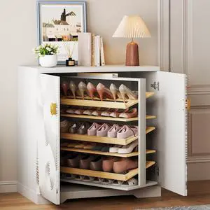 Vlsrka Shoe Storage Cabinet with Doors and 6 Tier Rotating Shelves, White | Suitable for 18 Pairs Shoe Organizer, Freestanding, Pull Out Shoe Rack, Wooden Entryway Cabinet for Hallway, Closet, Indoor Vlsrka Shoe Storage Cabinet with Doors and 6 Tier Rotating Shelves, White | Suitable for 18 Pairs Shoe Organizer, Freestanding, Pull Out Shoe Rack, Wooden Entryway Cabinet for Hallway, Closet, Indoor