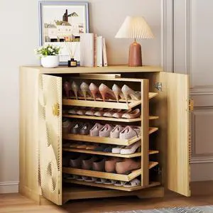 Vlsrka Shoe Storage Cabinet with Doors and 6 Tier Rotating Shelves, Wood | Suitable for 18 Pairs Shoe Organizer, Freestanding, Pull Out Shoe Rack, Wooden Entryway Cabinet for Hallway, Closet, Indoor Vlsrka Shoe Storage Cabinet with Doors and 6 Tier Rotating Shelves, Wood | Suitable for 18 Pairs Shoe Organizer, Freestanding, Pull Out Shoe Rack, Wooden Entryway Cabinet for Hallway, Closet, Indoor