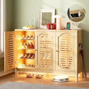 Vlsrka Shoe Storage Cabinet with Slatted Doors and Motion Sensor Lights | Suit for 20 Pairs Shoe Rack Organizer, 4 Tier, Adjustable Shelves, Charging Station, Entryway Cabinet for Hallway, Wood Vlsrka Shoe Storage Cabinet with Slatted Doors and Motion Sensor Lights | Suit for 20 Pairs Shoe Rack Organizer, 4 Tier, Adjustable Shelves, Charging Station, Entryway Cabinet for Hallway, Wood