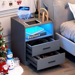 dnbss RGB Nightstand with Charging Station, Smart Bedside Table, Grey | LED Night Stand, 2 Drawers, 1 Compartment, Human Body Sensor, Modern End Side Table for Bedroom Living Room Office Storage dnbss RGB Nightstand with Charging Station, Smart Bedside Table, Grey | LED Night Stand, 2 Drawers, 1 Compartment, Human Body Sensor, Modern End Side Table for Bedroom Living Room Office Storage