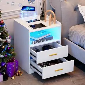dnbss RGB Nightstand with Charging Station, Smart Bedside Table, White | LED Night Stand, 2 Drawers, 1 Compartment, Human Body Sensor, Modern End Side Table for Bedroom Living Room Office Storage dnbss RGB Nightstand with Charging Station, Smart Bedside Table, White | LED Night Stand, 2 Drawers, 1 Compartment, Human Body Sensor, Modern End Side Table for Bedroom Living Room Office Storage