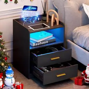 dnbss RGB Nightstand with Charging Station, Smart Bedside Table, Black | LED Night Stand, 2 Drawers, 1 Compartment, Human Body Sensor, Modern End Side Table for Bedroom Living Room Office Storage dnbss RGB Nightstand with Charging Station, Smart Bedside Table, Black | LED Night Stand, 2 Drawers, 1 Compartment, Human Body Sensor, Modern End Side Table for Bedroom Living Room Office Storage